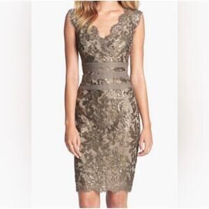 Tadashi Shoji Smoke Pearl Embroidered Gold Sequin Cocktail Dress Size 4 NWT